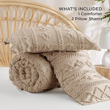 Bedsure Tufted Boho Comforter Set Full Size - Khaki Boho Bed Set, GentleSoft™ 3 Pieces Farmhouse Shabby Chic Embroidery Bedding, Gifts for Woman, Soft Jacquard Full Comforter for All Seasons