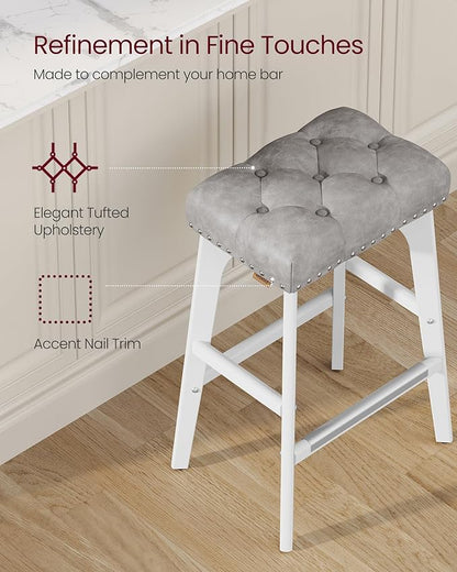 VASAGLE Bar Stools Set of 4, Saddle Counter Height Bar Stools, 26-Inch Backless Kitchen Stools with Wood Legs, PU Leather Thickened Upholstered Barstools for Kitchen Island Dining Room, Dove Gray
