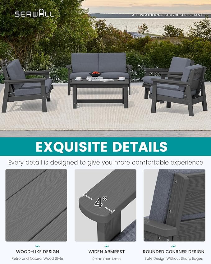SERWALL HDPE Patio Furniture Set, 5 Piece All Weather Wood-Like Sectional Outdoor Furniture Set, Grey Patio Sofa Couch with Grey Cushions for Deck, Lawn