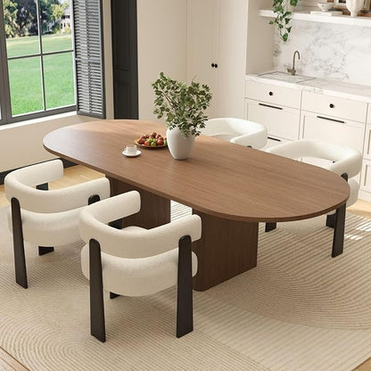 Modern Boho Dining Chairs Set of 4, White Boucle Upholstered Barrel Armchairs with Plush Teddy Fabric, Solid Black Wooden Legs, Mid-Century Accent Chairs for Dining Room, Living Room, Kitchen