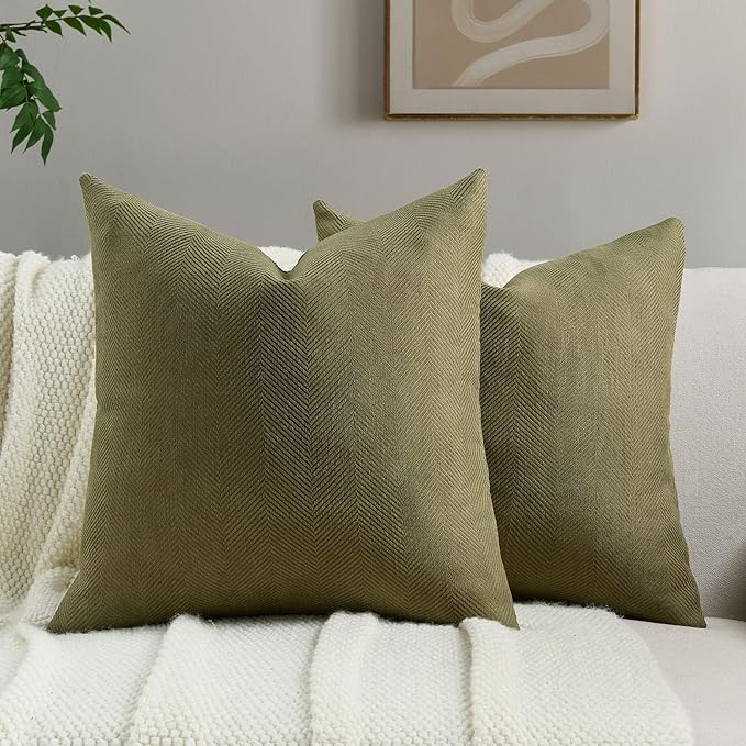 FUTEI Olive Green Chenille Throw Pillow Covers 16x16 Inch Set of 2,Soft Wide Chevron Textured Cushion Case,Farmhouse Home Decor for Couch Bed Living Room