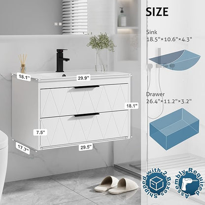 eclife 30" Bathroom Vanities Cabinet with Sink Combo, Wall Mounted Floating Cabinet W/Decor Line, Soft-Close System, 2 Extra Big Drawers, Matte Black Faucet, White