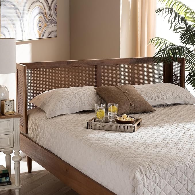 Eclectic Escape Mid-Century Modern Ash Wanut Finished Wood and Synthetic Rattan Wrap-Around Headboard Queen