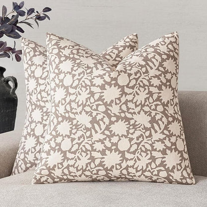 Foindtower Set of 2 Decorative Neutral Floral Throw Pillow Covers Accent Farmhouse Cushion Covers Boho Vintage Pillowcase for Couch Sofa Bedroom Living Room Home Decor,24×24 Inch,Tan