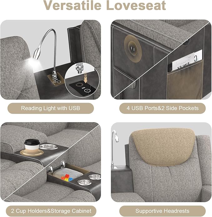 Manual Loveseat Recliner Sofa Set, 2 Seater Reclining Loveseat with Storage Console and Single Oversize Recliner Chair, 2+1 Pieces Luxury Living Room Furniture Set, Couches for RV (Grey)