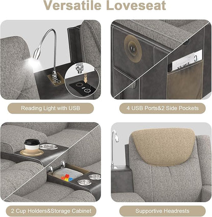 Recliner Sofa, 2 - Way Multi - Function Manual 3 Seater Couch with Cup Holders, Storage & USB Ports, Modern Multifunctional Sofa, Grey Linen & Leather Reclining Couch for Living Room