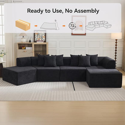 140''Oversized Cloud Velvet Curved Sectional Couch, Boneless Couch with L-Shape Chaise, Upholstered Compression Memory Foam Modular Sectional Sofa for Living Room, No Assembly Required, Black