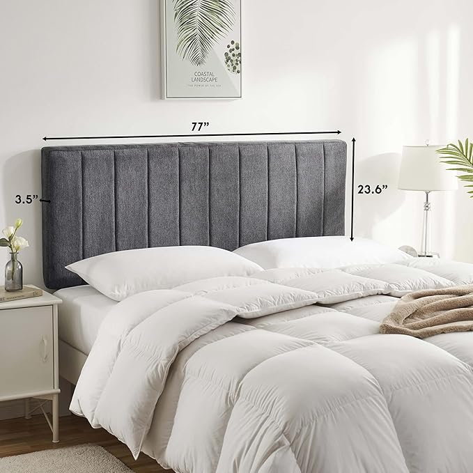Hearth & Harbor Upholstered King Headboard - Easy Assemble Channel Stitched Headboard King Size Bed - Wall Mounted Headboards with 3D Soundproof Wall Panels Peel & Stick Floating Headboards, Grey