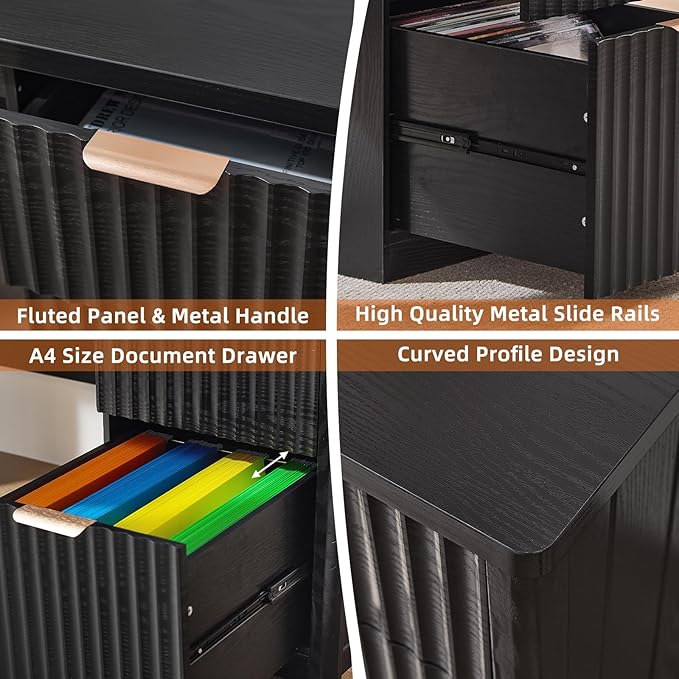 48" Modern Fluted Executive Desk with Storage Cabinet, Black Wood Home Office Desk with File Drawer & Metal Handles, Large Computer Writing Table for Office,Study, Living Room, Bedroom