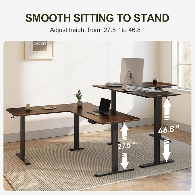 BANTI L-Shaped Standing Desk - 63 x 55 Inch Adjustable Corner Standing Desk with Charging Station - L Shape Sit Stand Table with Memory Controller, Splice Board for Home Office