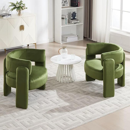 Set of 2 Accent Chairs with Arms, Upholstered Barrel Armchair with Curved Back, Comfy Single Side Chair for Reading, Living Room, Home Office, Green