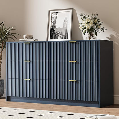 6 Drawer Dresser for Bedroom, 55" Wide Modern Chest of Drawers with Gold Metal Handles, Fluted Wood TV Stand for Living Room, Hallway(Navy Blue)