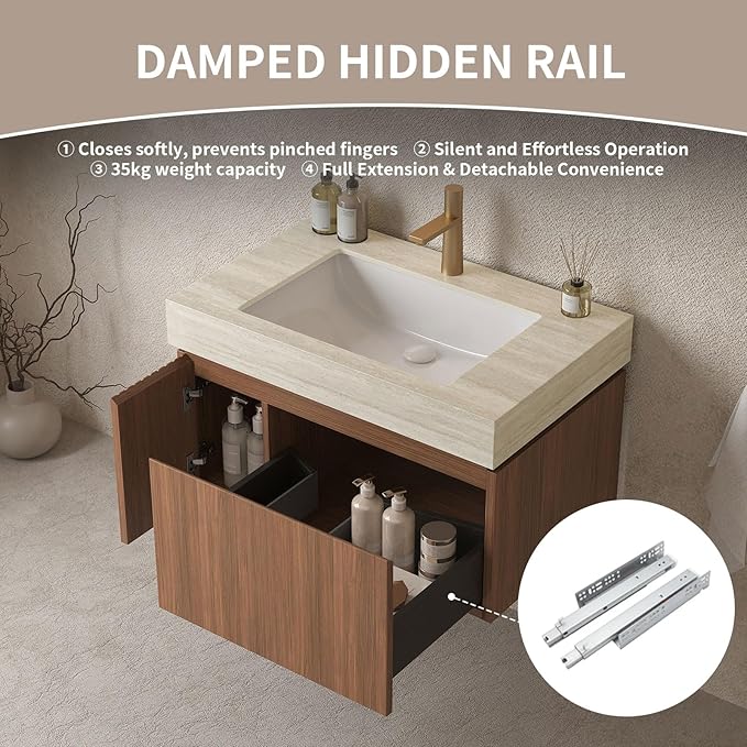 Bathroom Vanity with Sink 30 Inch, Floating Bathroom Vanity Sink Cabinet with Drawer and Door, Undermount Sink & Travertine-Pattern Sintered Stone Top, Pre-Assembled, Espresso