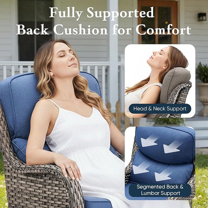 Belord Luxury 6" Thick Cushioned 8 Pieces Patio Furniture Set with Outdoor Couch, Wicker Outdoor Conversation Set with High Back Swivel Rocker Chairs for Deck Porch Yard and Poolside - Grey+Blue