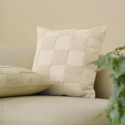 Double Stitch 100% Cotton Throw Pillow Covers - Checkered Tufted Boho Decorative Pillow Covers 20x20, Made in India, Square Cushion Case, Modern Home Decor for Couch, Sofa, Living Room, Beige