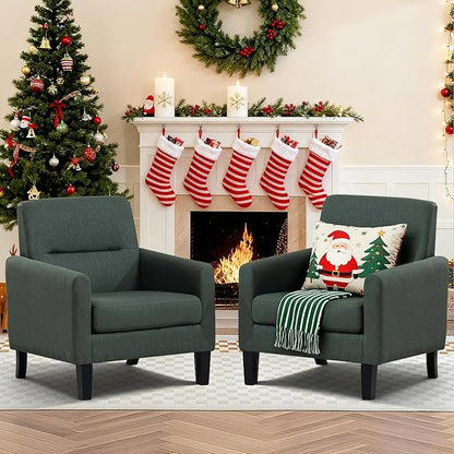Accent Chairs Set of 2, Mid Century Modern Living Room Chairs Comfy Reading Chair with Upholstered Cushion Relax Armchair for Bedroom Apartment,Office, Green