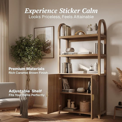 BELLEZE Book Shelf 72" Tall Arched Bookcase with Storage, 5 Tier Mid Century Modern Fluted Bookshelf with Doors, Modular Bookshelves for Living Room Office Library, Set of 3 (Caramel Brown)