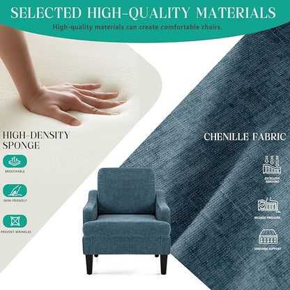 Modern Accent Chairs Set of 2 Upholstered Reading Chair for Bedroom with Side Pockets Comfy Living Room Chairs Living Room Armchair for Office, Apartment (Blue Chenille)