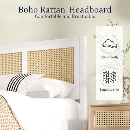 Boho Bed Frame Full, Rattan Full Bed Frames with Headboard, Metal Platform Bed Frame Full Size with Strong Slats Support, No Box Spring Needed, Noise Free, Easy Assembly, White
