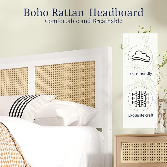 Rattan Bed Frame, Boho King Bed Frame and Headboard, Metal Platform King Size Bed Frames with Strong Slat Support, No Box Spring Needed, Noise Free, Easy Assembly, White