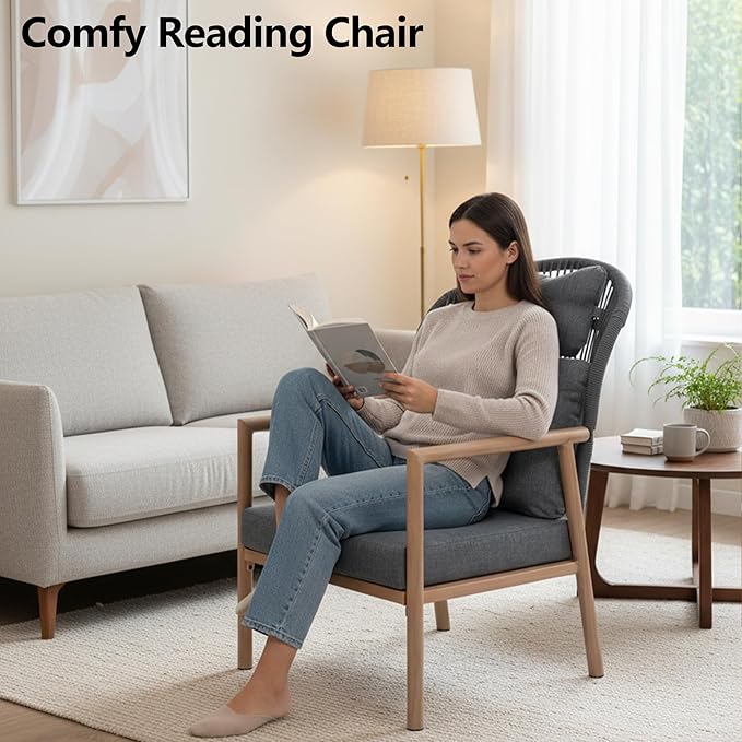 DAYRAUS Living Room Chairs, Accent Chairs Set of 2 with Coffee Table, Rattan Braid Arm Chair, Comfy Reading Lounge Chair, 3 Pieces Living Room Furniture Sets, Bedroom Armchair for Outdoor, Dark Gray
