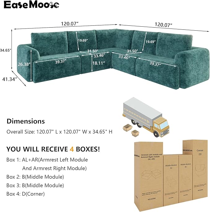 EASE MOOSE Cloud Couch Sectional Sofa, Large L-Shaped Oversized Modular Couch for Living Room, Minimalist Boneless Convertible Couches, 5-Seat Deep Sofas for Bedroom, Chenille (Blue)