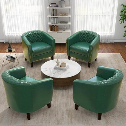 Pia Ricco Faux Leather Barrel Chairs Set of 2, Modern Comfy Accent Chairs, Upholstered Armchair Club Chairs with Nailhead Trim, Single Sofa Barrel Chair for Living Room Reading Room, Green
