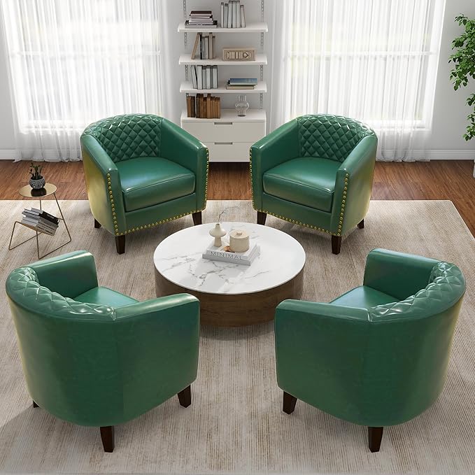 Pia Ricco Faux Leather Barrel Accent Chairs Set of 4, Modern Club Arm Chair Comfy Upholstered Single Sofa Chair with Solid Wood Legs and Nailhead Trim for Living Room/Reading Room, Green