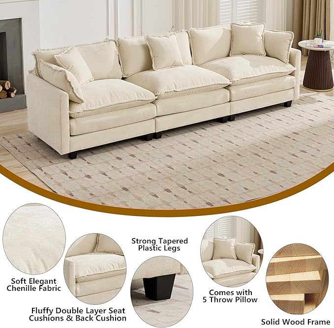 Aoowow Modular Sectional 3 Seater Cloud Sofa Couch for Living Room,113.8" Cloud Sofas with Deep Seat,Modern Chenille 3 Seat Sofas,Fluffy Cloud Couches for Bedroom,Apartment,Office (Beige, 3 Seater)