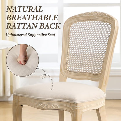 Wicker Dining Chairs Set of 6, Upholstered Linen Fabric Dining Room Chairs with Square High Rattan Back Farmhouse French Kitchen Chairs for Dining Table/Living Room/Restaurant, Cream