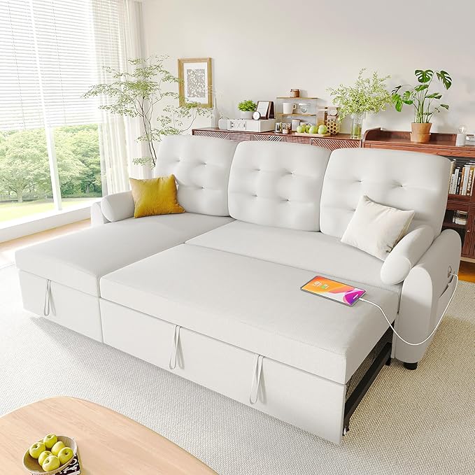 Ucloveria Sleeper Sofa Bed, 86" Convertible Sectional Sofa Couches for Living Room, Pull Out Couch Bed with Reversible Storage Chaise | USB Ports | Side Pockets | Removable Backrest