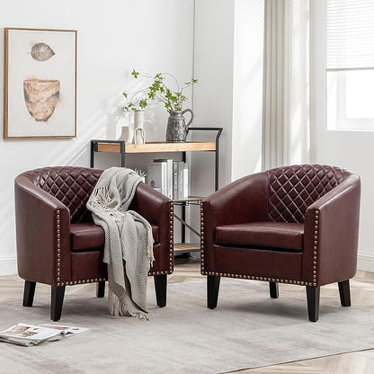 KINWELL 29" W Faux Leather Barrel Chairs Set of 2, Modern PU Upholstered Tufted Club Chairs with Nailhead Trim, Small Armchairs Accent Chairs for Living Room Bedroom Apartment Lounge Nursery, Red