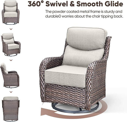Swivel Patio Chairs sofa Set of 7 with 6" Thick Cushion - Wicker Outdoor Swivel Rocker Patio Chair ,Sofa/Glass coffee table, High Back Comfortable Outdoor Glider Chairs - Brown Wicker Beige Cushions