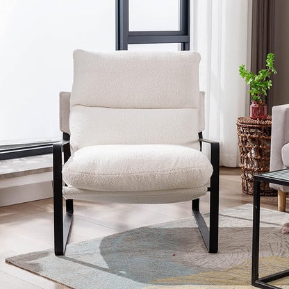 DUOMAY Modern White Sherpa Accent Chair Set of 2, Comfy Lounge Lazy Chair with Metal Leg, Mid-Century Corner Arm Chair for Living Room Bedroom Office Apartment