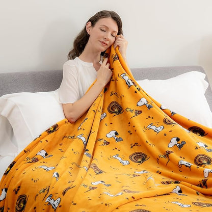 Berkshire Blanket Peanuts® VelvetLoft® Cute Character Snoopy Plush Blanket,Snoopy and Woodstock Fall Birds & Leafs Orange,Full/Queen 90 in x 90 in (Official Peanuts® Product)