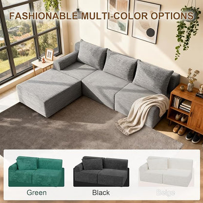 JSLOVE Modular L-Shape Sectional Sofa with Chaise, 3 Seat Movable Boneless Cloud Couch in One Box, Sofa Couch Bed with Ultra-Soft Corduroy Fabric, No Assembly Required for Living Room, Bedroom(Grey)
