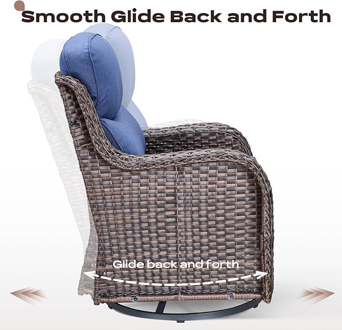 Rilyson 4 Piece Outdoor Patio Swivel Rocker Chairs, Waterproof Wicker, High Back, Deep Seating, Wide Armrest, Upgraded 6 inch Thick Cushions, Ideal for Deck Porch Backyard, Brown/Blue