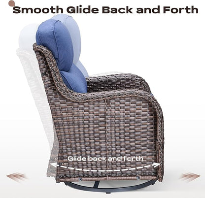 Rilyson 4 Piece Outdoor Patio Swivel Rocker Chairs, Waterproof Wicker, High Back, Deep Seating, Wide Armrest, Upgraded 6 inch Thick Cushions, Ideal for Deck Porch Backyard, Brown/Blue