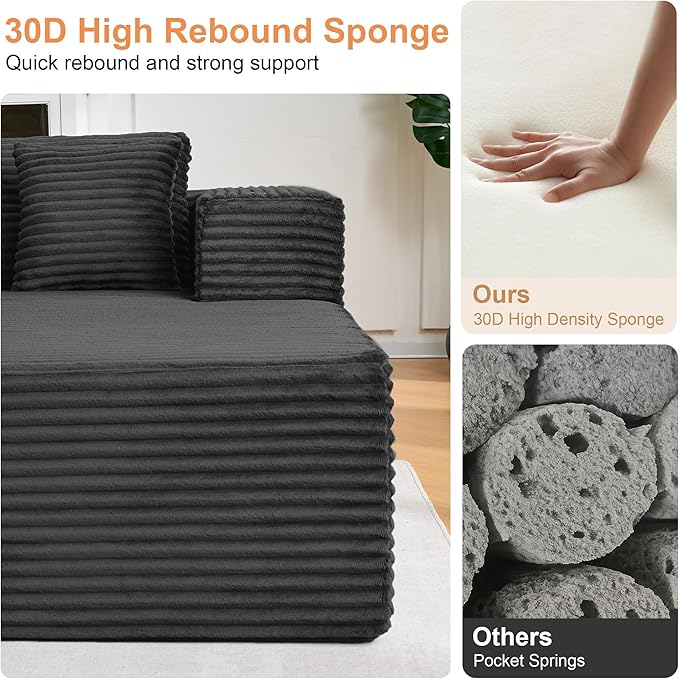 Modular Sectional Sofa, L Shaped Comfy Cloud Couch with Deep Seat, Boneless Couch for Living Room, Modern Sectional Sleeper with Chaise, No Assembly Required, Sofa in A Box, Black Corduroy