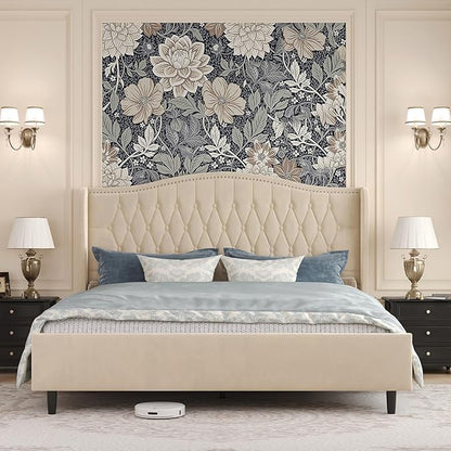 Belffin King Bed Frame and Headboard, Luxury Upholstered Velvet Platform Bed with Wingback, Button Tufted & Nailhead Trim, Anti-Slide Tall Footboard, No Box Spring Needed, Noise-Free, Beige