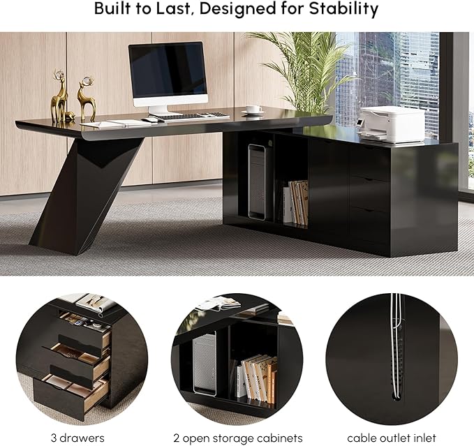 homary 70.9" Modern L-Shape Executive Desk, Home Office Desk with Drawers & Cabinet Modern Computer Desk for Home Business Furniture, Black, Right Hand