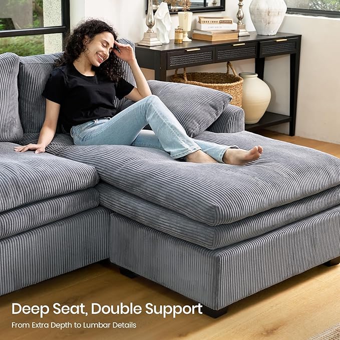 Belffin Large Modular Sectional Sofa with Deep Chaise, 104" Corduroy L Shaped Couch with 9" Soft Dual-Layer Seats Cushion for Living Room, Apartment, Light Grey