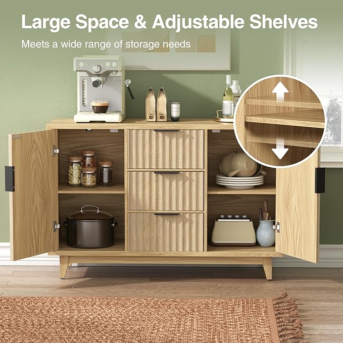 47.2" W Storage Cabinet with 3 Drawers, Fluted Buffet Cabinet with Storage, Large Sideboard Cabinet with 2 Door, Modern Mid Century TV Stand Coffee Bar Cabinet for Living Room, Kitchen, Entryway