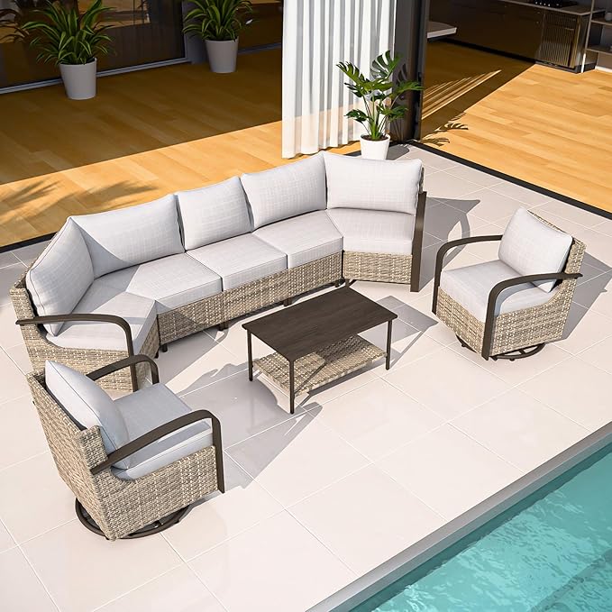 COOS BAY Aurora Terrace Half-Moon Outdoor Furniture Set, Rattan Conversation Set with Swivel Rockers, Curved 5-Seat Sofa, Coffee Table, Seats 7, Beige/Beige