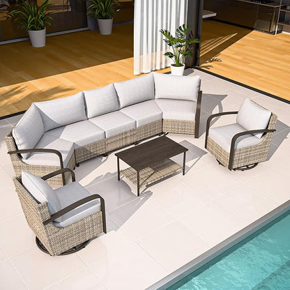 COOS BAY Aurora Terrace Half-Moon Outdoor Furniture Set, Rattan Conversation Set with Swivel Rockers, Curved 5-Seat Sofa, Coffee Table, Seats 7, Beige/Beige