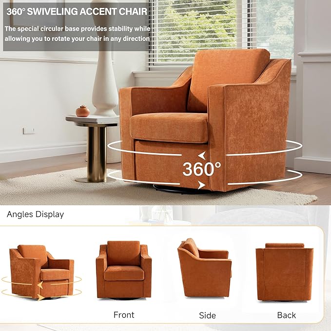 UIXE Swivel Accent Chairs Set of 2, Chenille Upholstered Arm Chair for Living Room, Modern Club Armchair Comfy Single Sofa Bedroom Reading Seat with Lumbar Pillow - Orange