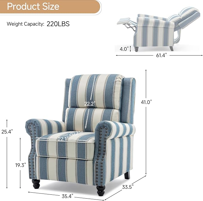 Lumibee Recliner Chairs, 2 Set Pushback Armchairs for Small Spaces,Adjustable Backrest & Footrest Accent Chairs in Comfy Fabric for Living Room, Bedroom-Striple Navy