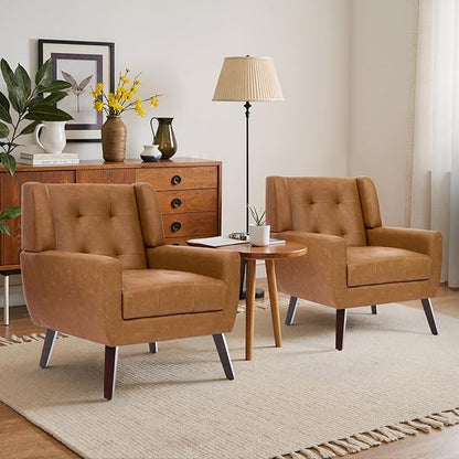 Faux Leather Accent Chairs Set of 4, Mid-Century Modern Upholstered Armchair, Comfy Living Room Chairs Reading Chairs with Button Tufted Back & Solid Wood Legs for Bedroom, Office, Brown