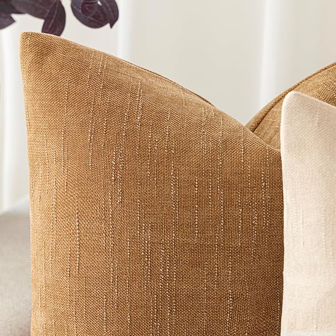 Foindtower Set of 2 Soft Textured Chenille Throw Decorative Pillow Covers Square Accent Solid Cushion Cover Neutral Farmhouse Pillow Case for Couch Sofa Bedroom Living Room 26x26 Inch,Golden Brown
