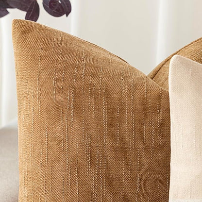 Foindtower Set of 2 Soft Textured Chenille Throw Decorative Pillow Covers Square Accent Solid Cushion Cover Neutral Farmhouse Pillow Case for Couch Sofa Bedroom Living Room 16x16 Inch,Golden Brown